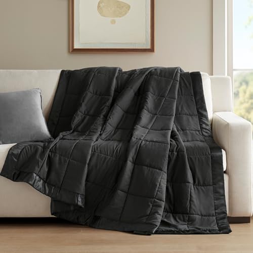 Madison Park Twin Size Blanket Ultra-Soft Microfiber Blanket Twin Size, Box Quilting with Satin Binding, All Season & Lightweight Twin Summer Blanket for Bed, Couch & Sofa, Twin, Black
