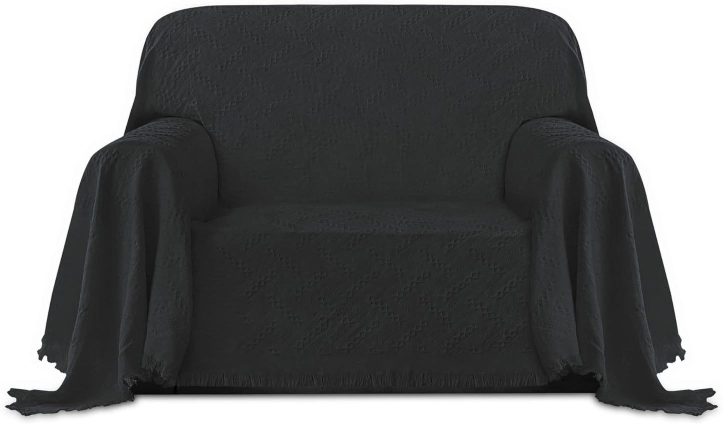 PureFit Geometric Jacquard Throw Sofa Cover - Textured Soft Washable Decorative Couch Covers for 3 Cushion with Tassels Furniture Protector for Pets, Kids (X-Large, Ivory)