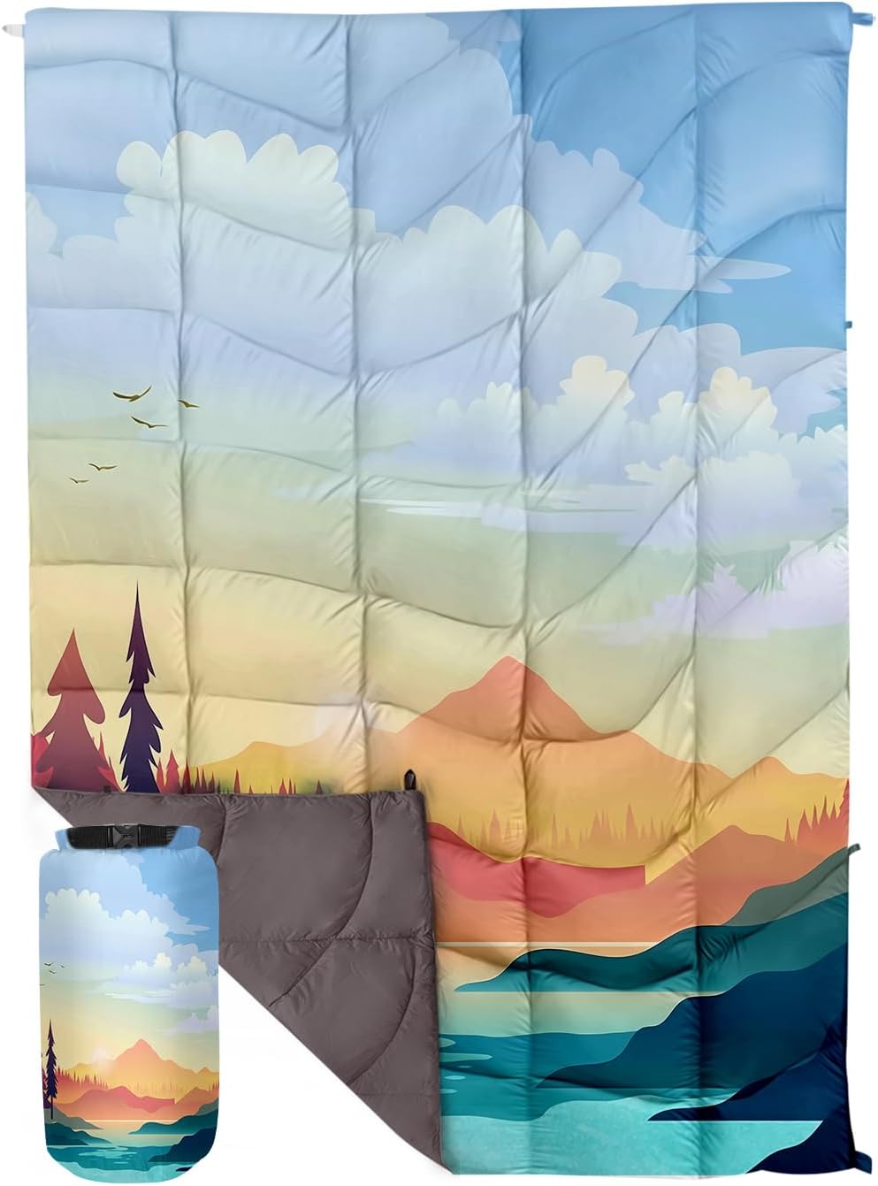 Outdoor Puffy Camping Blanket, Lightweight Down Alternative Puffy Printed Camping Large Ultra Warm Hammock Top Quilt Waterproof Blanket for Traveling Picnic Beach Party Cold Weather (Green Mountain)