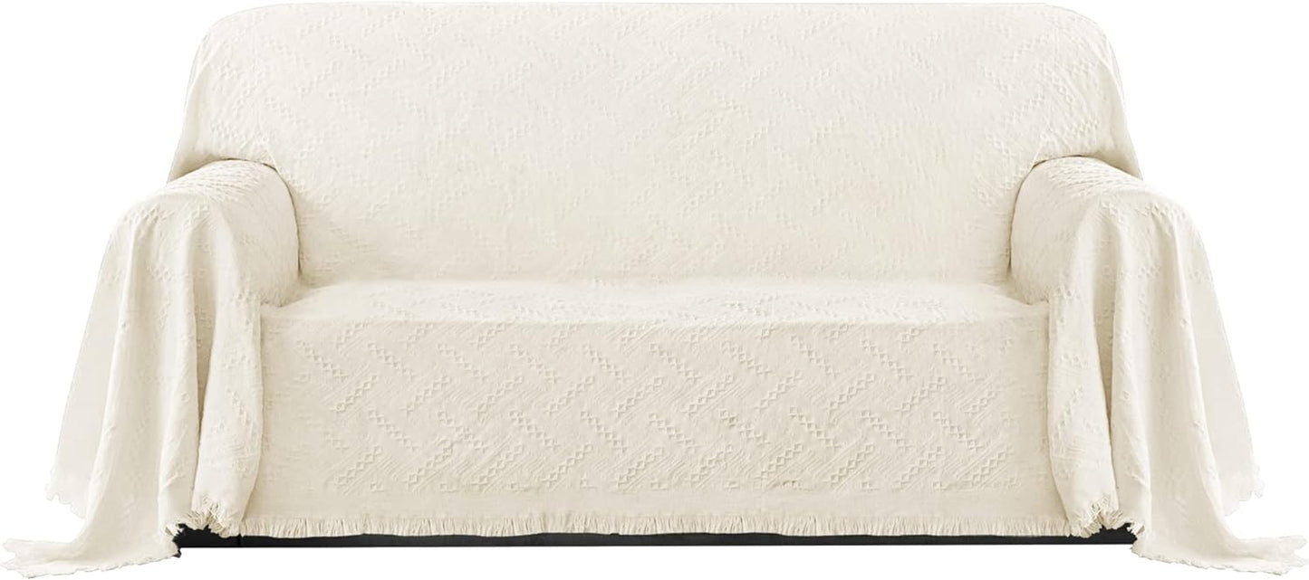 PureFit Geometric Jacquard Throw Sofa Cover - Textured Soft Washable Decorative Couch Covers for 3 Cushion with Tassels Furniture Protector for Pets, Kids (X-Large, Ivory)