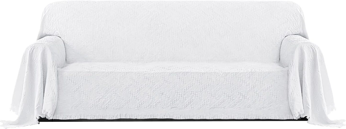 PureFit Geometric Jacquard Throw Sofa Cover - Textured Soft Washable Decorative Couch Covers for 3 Cushion with Tassels Furniture Protector for Pets, Kids (X-Large, Ivory)