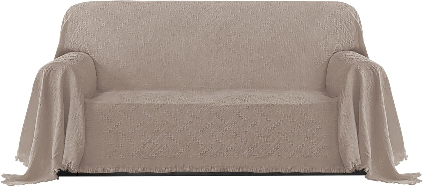 PureFit Geometric Jacquard Throw Sofa Cover - Textured Soft Washable Decorative Couch Covers for 3 Cushion with Tassels Furniture Protector for Pets, Kids (X-Large, Ivory)