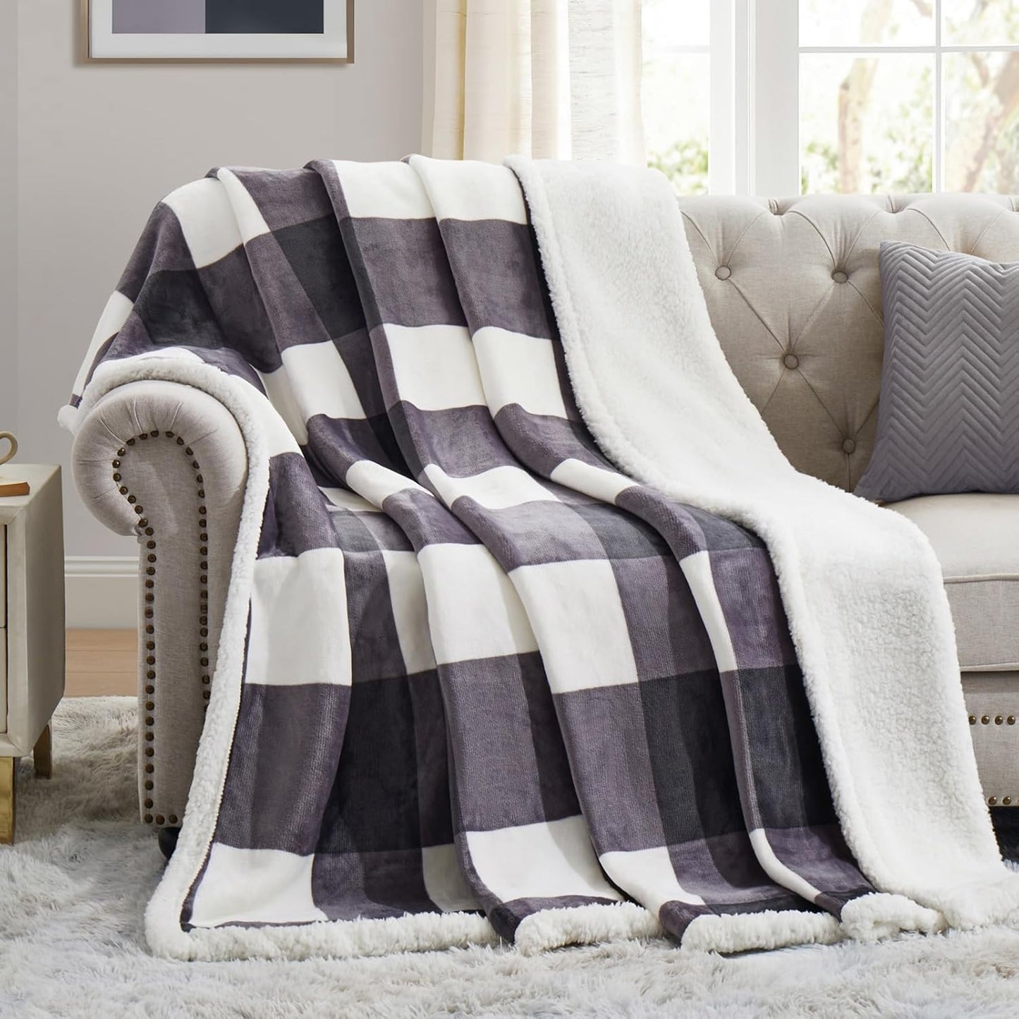 PU MEI Sherpa Fleece Throw Blanket 60" x 80" Reversible Plush Fluffy Large Big Blanket Lattice Flannel Blankets for Sofa Couch Bed (Grey-Soft Blue, 60"*80")