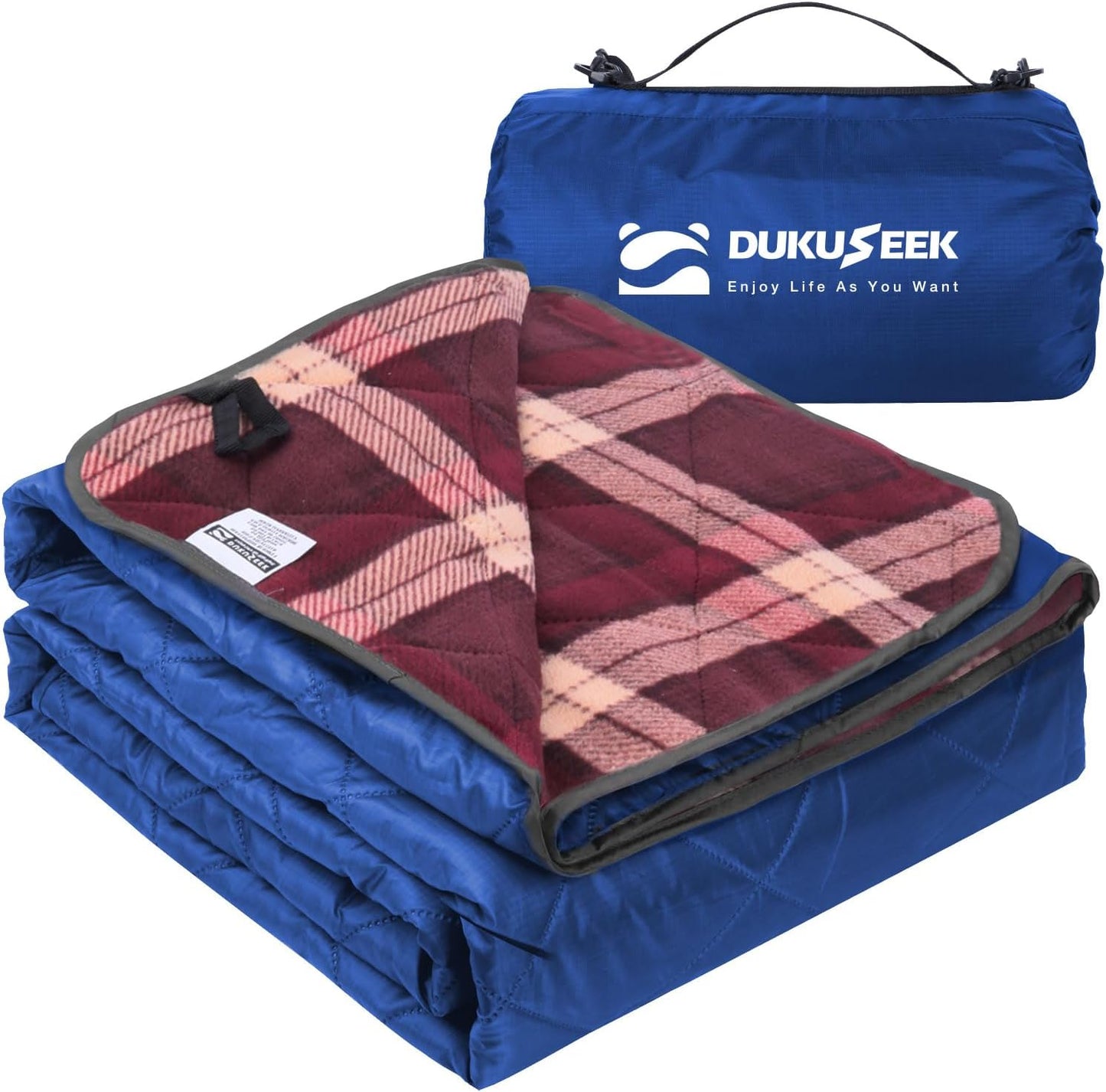 DUKUSEEK Waterproof Camping Blanket with Super Thick Fleece Lining, Large Outdoor Blanket Windproof with Foldable Hood for Camping Stadium Sporting Events,79"x 58"