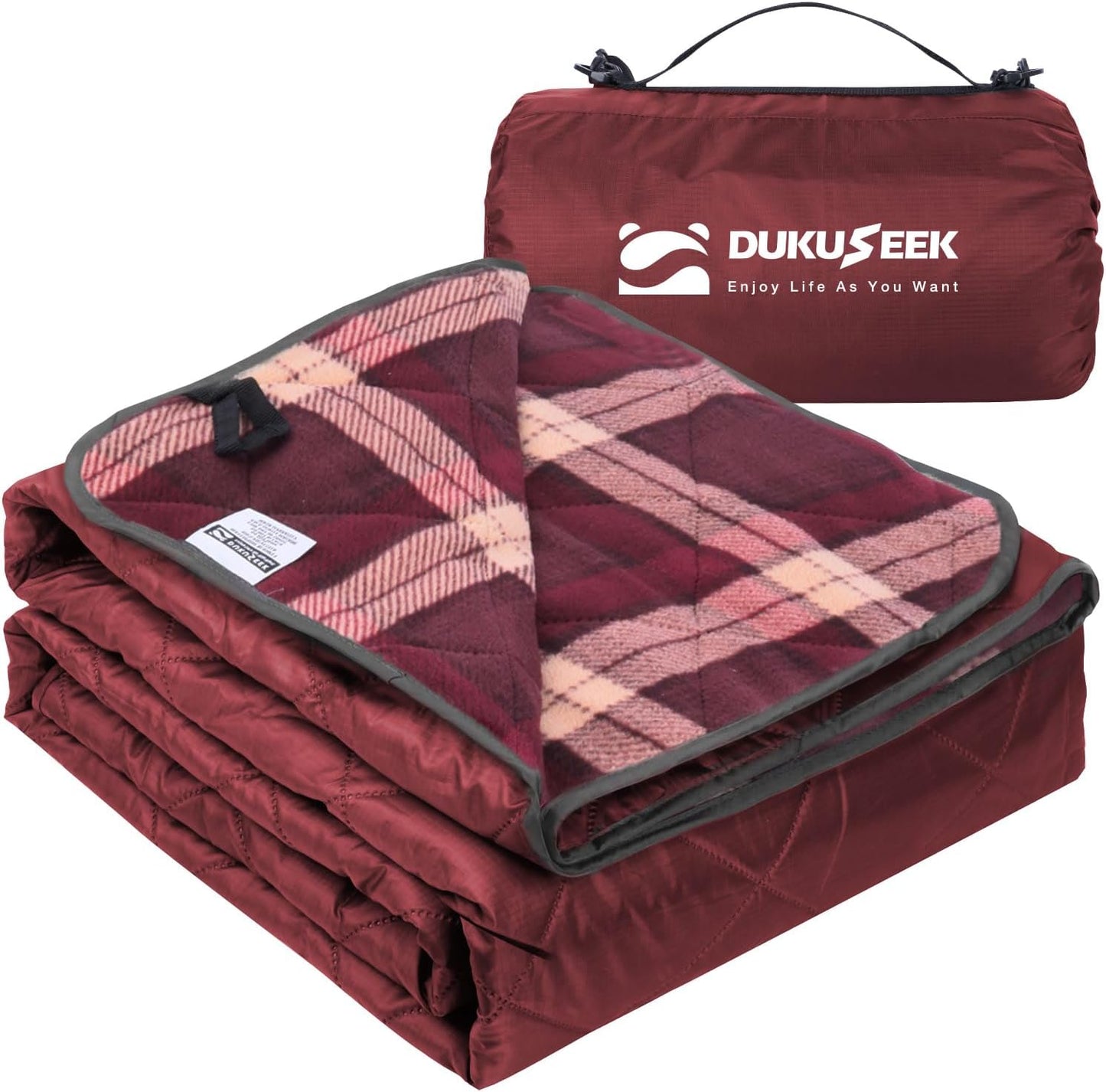 DUKUSEEK Waterproof Camping Blanket with Super Thick Fleece Lining, Large Outdoor Blanket Windproof with Foldable Hood for Camping Stadium Sporting Events,79"x 58"