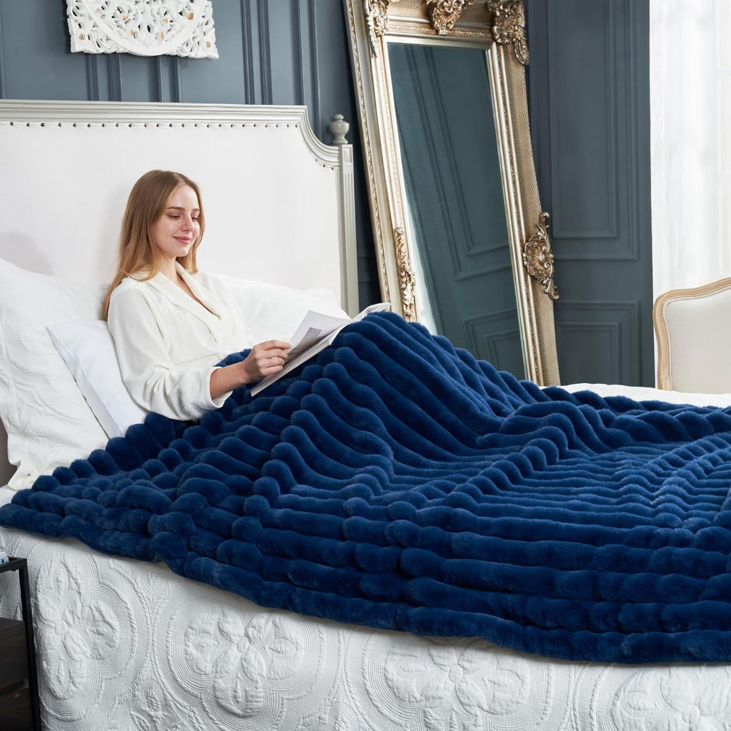 Cozy Bliss Faux Fur Throw Blanket for Couch, Cozy Warm Plush Striped Blanket for Sofa Bedroom Living Room,50 * 60 Inches Grey