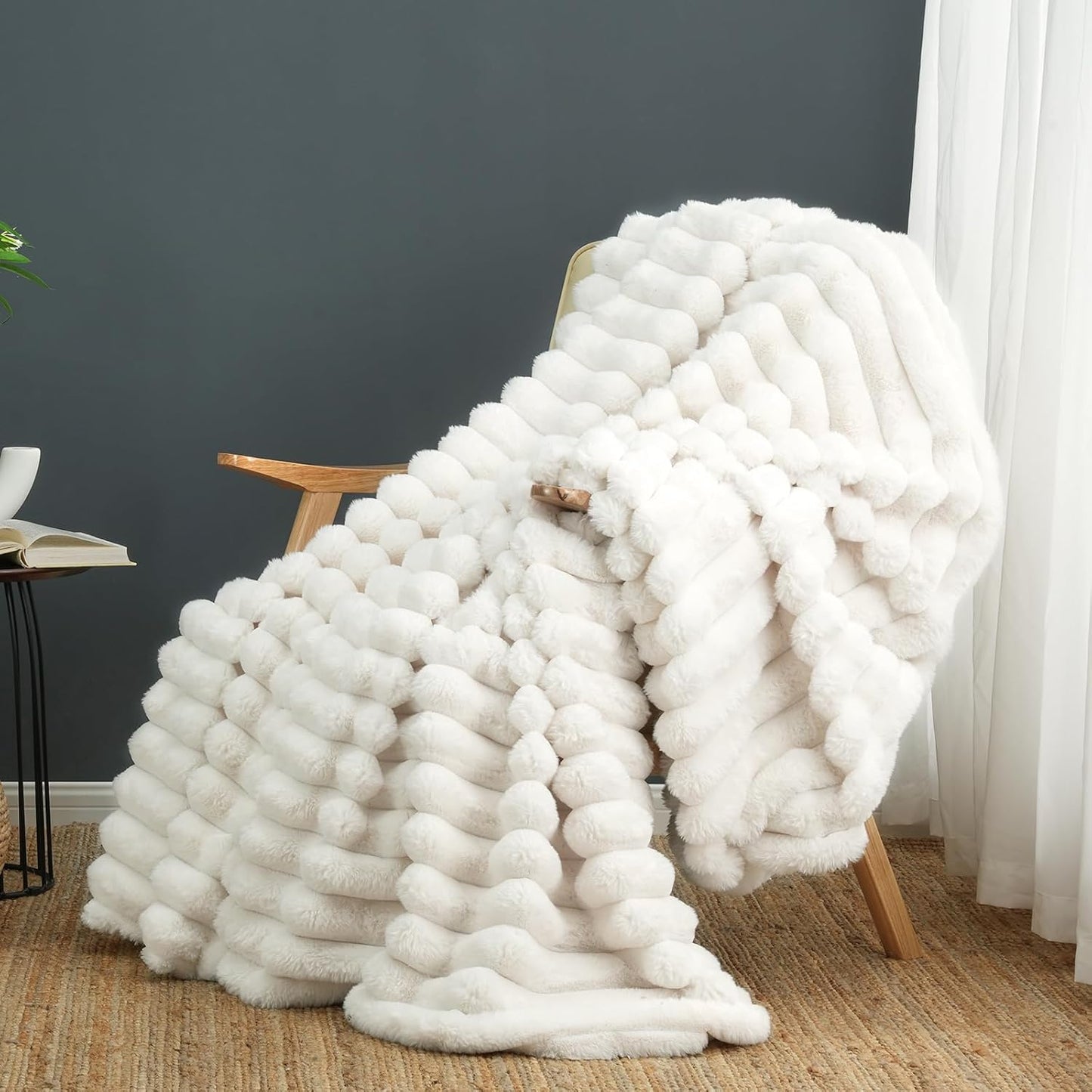Cozy Bliss Faux Fur Throw Blanket for Couch, Cozy Warm Plush Striped Blanket for Sofa Bedroom Living Room,50 * 60 Inches Grey