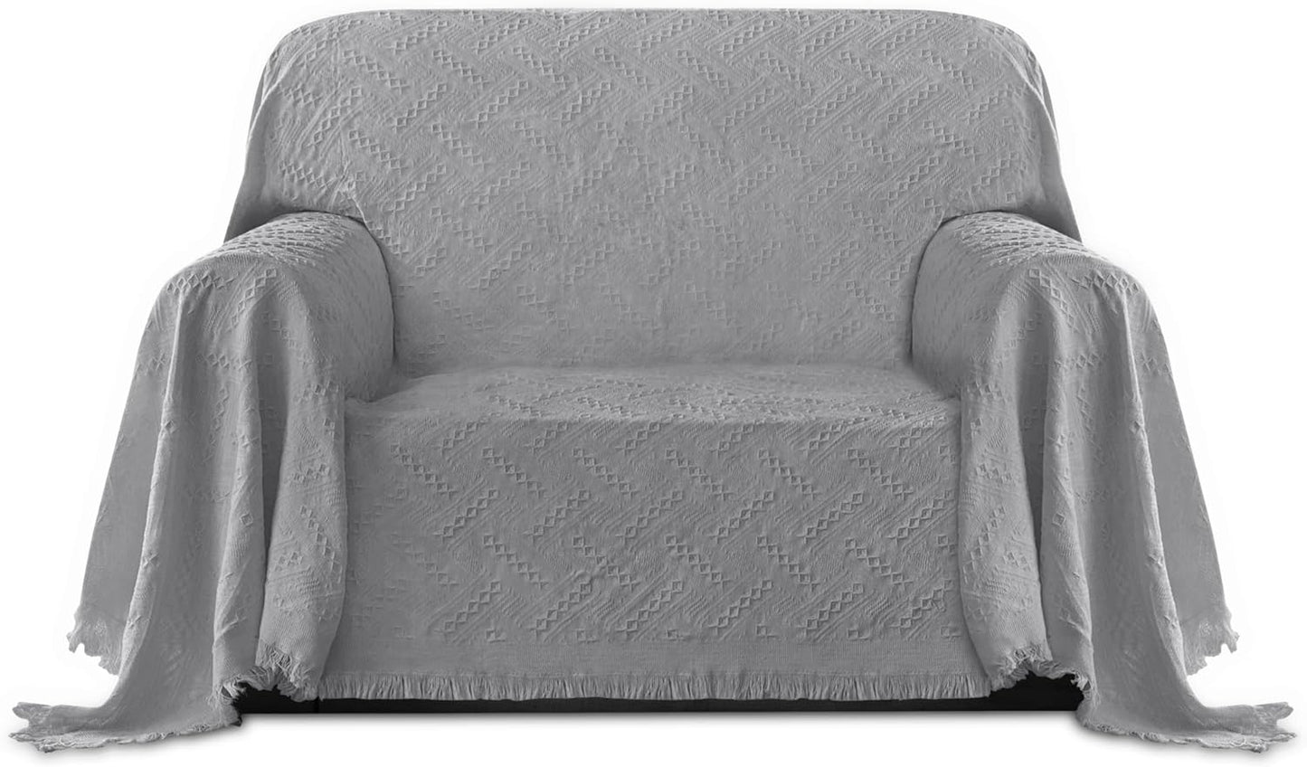 PureFit Geometric Jacquard Throw Sofa Cover - Textured Soft Washable Decorative Couch Covers for 3 Cushion with Tassels Furniture Protector for Pets, Kids (X-Large, Ivory)