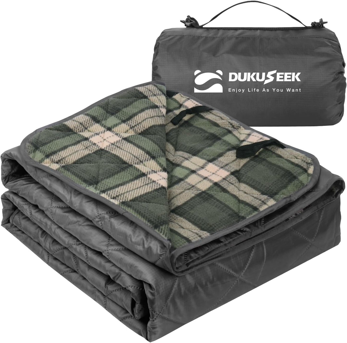 DUKUSEEK Waterproof Camping Blanket with Super Thick Fleece Lining, Large Outdoor Blanket Windproof with Foldable Hood for Camping Stadium Sporting Events,79"x 58"