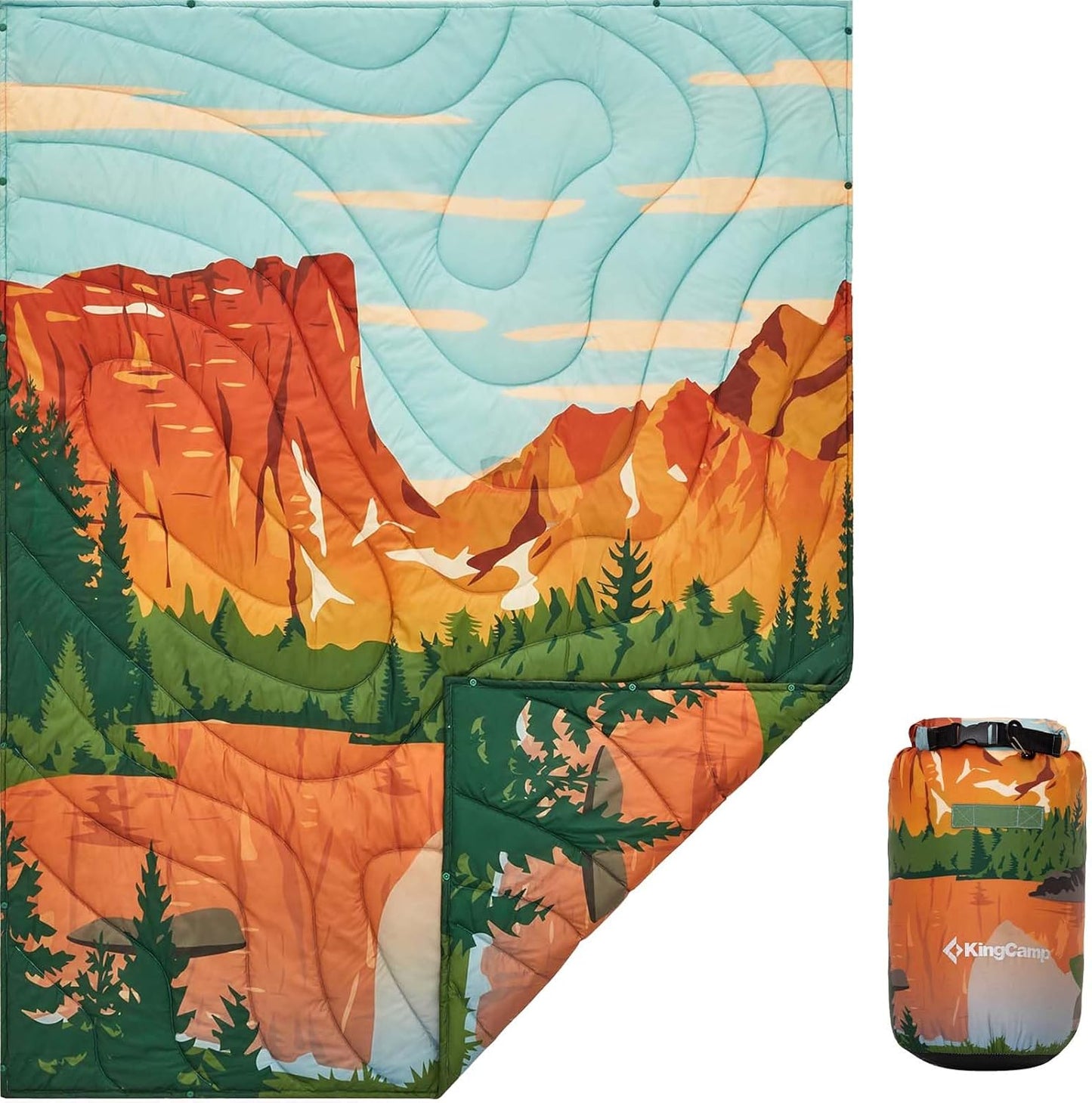 KingCamp Ultralight Camping Blanket, Packable Down Alternative Puffy Printed Wearable Blanket with Snap Buttons & Corner Loops Weatherproof Quilt for Outdoor Travel Stadium (79"L x 57”W, CYAN)