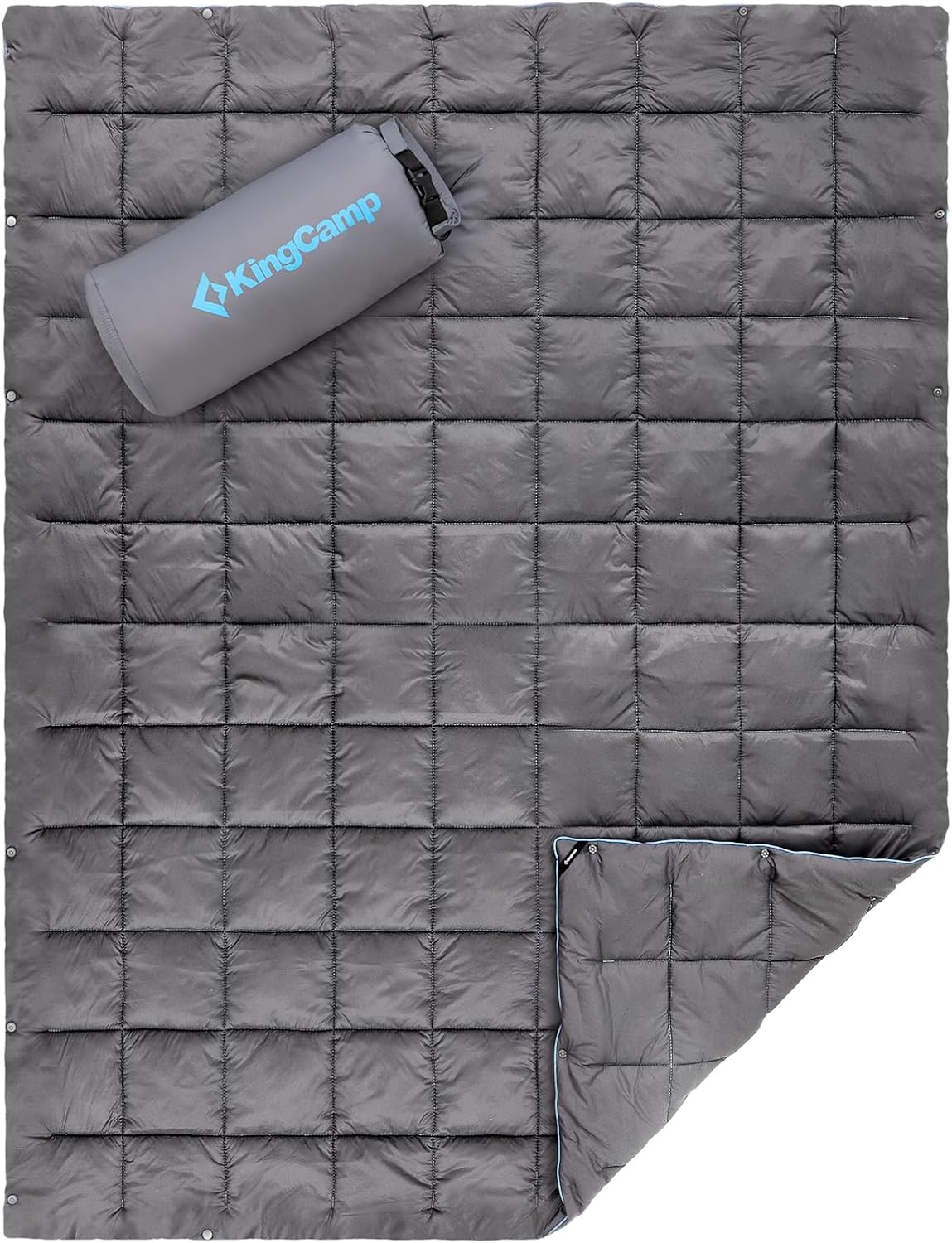 KingCamp Ultralight Camping Blanket, Packable Down Alternative Puffy Printed Wearable Blanket with Snap Buttons & Corner Loops Weatherproof Quilt for Outdoor Travel Stadium (79"L x 57”W, CYAN)