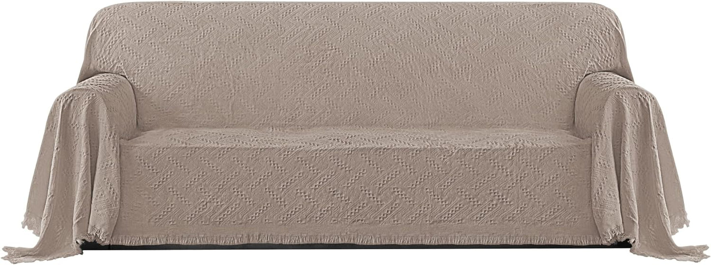 PureFit Geometric Jacquard Throw Sofa Cover - Textured Soft Washable Decorative Couch Covers for 3 Cushion with Tassels Furniture Protector for Pets, Kids (X-Large, Ivory)