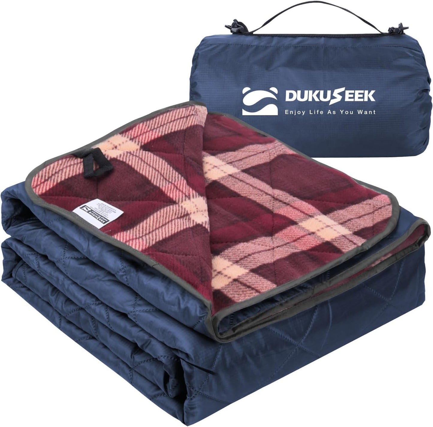 DUKUSEEK Waterproof Camping Blanket with Super Thick Fleece Lining, Large Outdoor Blanket Windproof with Foldable Hood for Camping Stadium Sporting Events,79"x 58"