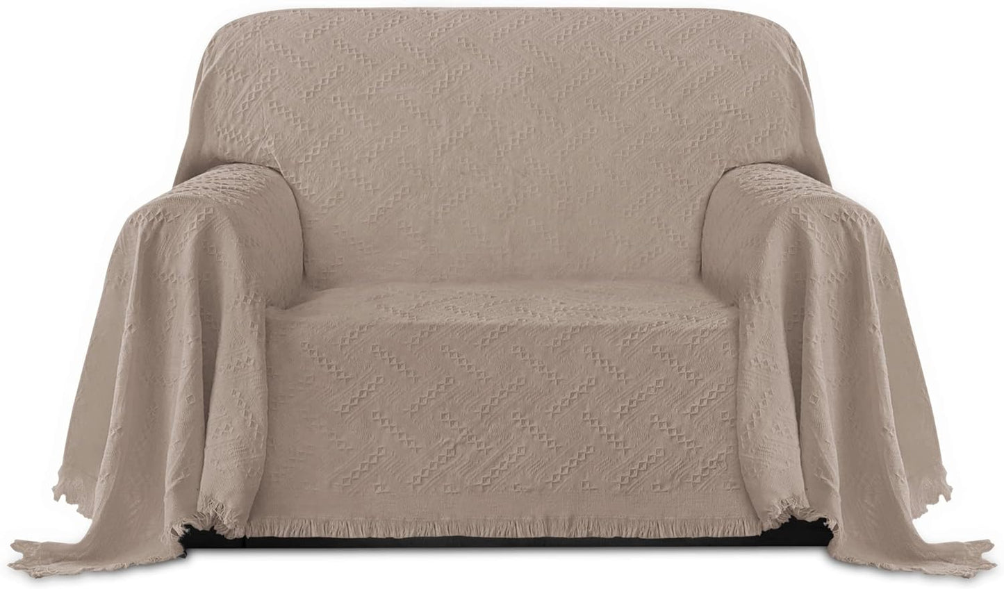 PureFit Geometric Jacquard Throw Sofa Cover - Textured Soft Washable Decorative Couch Covers for 3 Cushion with Tassels Furniture Protector for Pets, Kids (X-Large, Ivory)