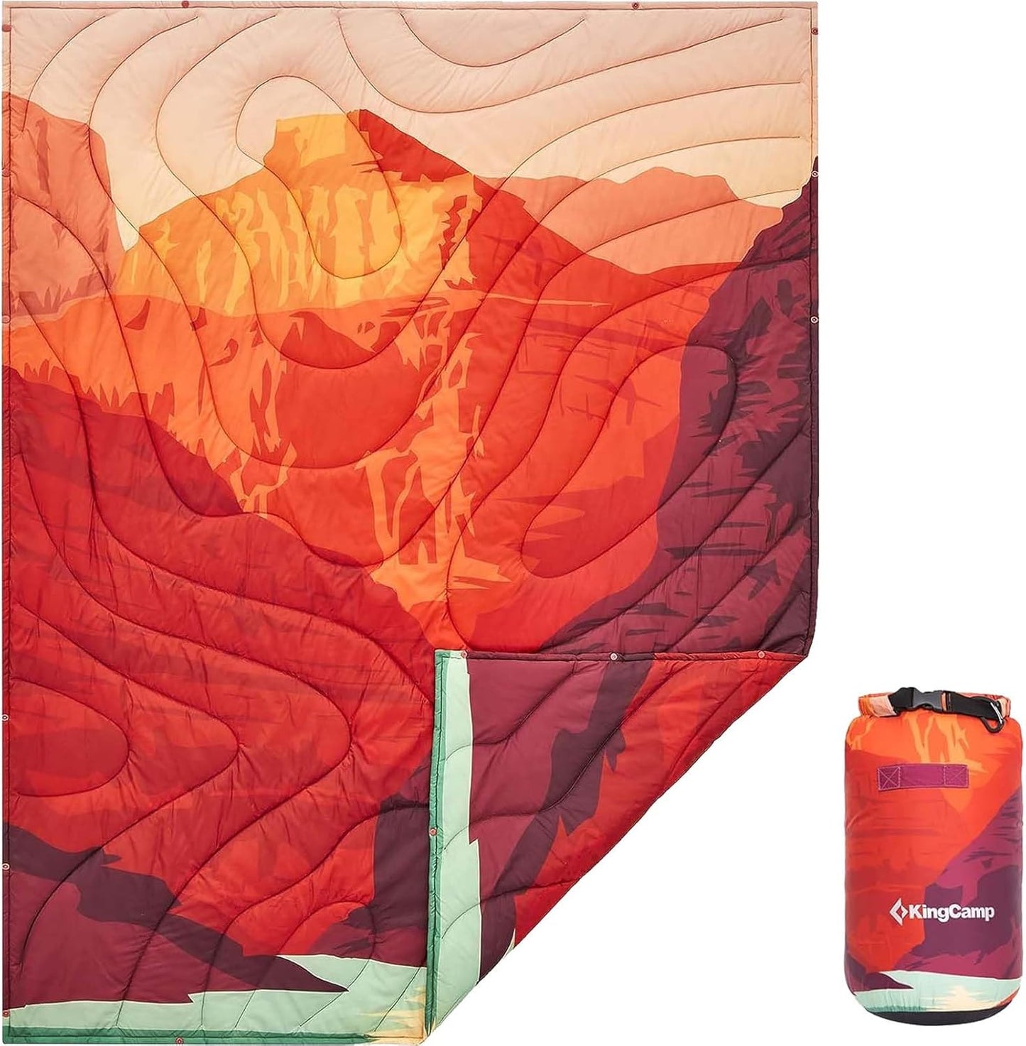 KingCamp Ultralight Camping Blanket, Packable Down Alternative Puffy Printed Wearable Blanket with Snap Buttons & Corner Loops Weatherproof Quilt for Outdoor Travel Stadium (79"L x 57”W, CYAN)