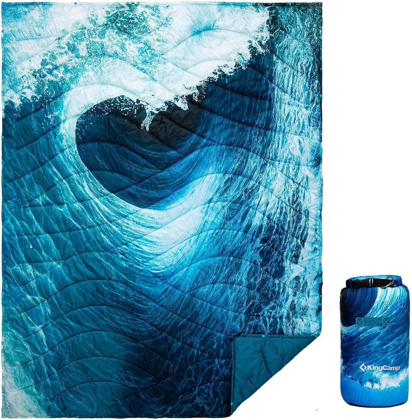 KingCamp Ultralight Camping Blanket, Packable Down Alternative Puffy Printed Wearable Blanket with Snap Buttons & Corner Loops Weatherproof Quilt for Outdoor Travel Stadium (79"L x 57”W, CYAN)