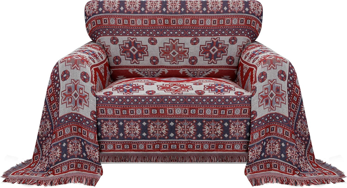 PureFit Geometric Jacquard Throw Sofa Cover - Textured Soft Washable Decorative Couch Covers for 3 Cushion with Tassels Furniture Protector for Pets, Kids (X-Large, Ivory)