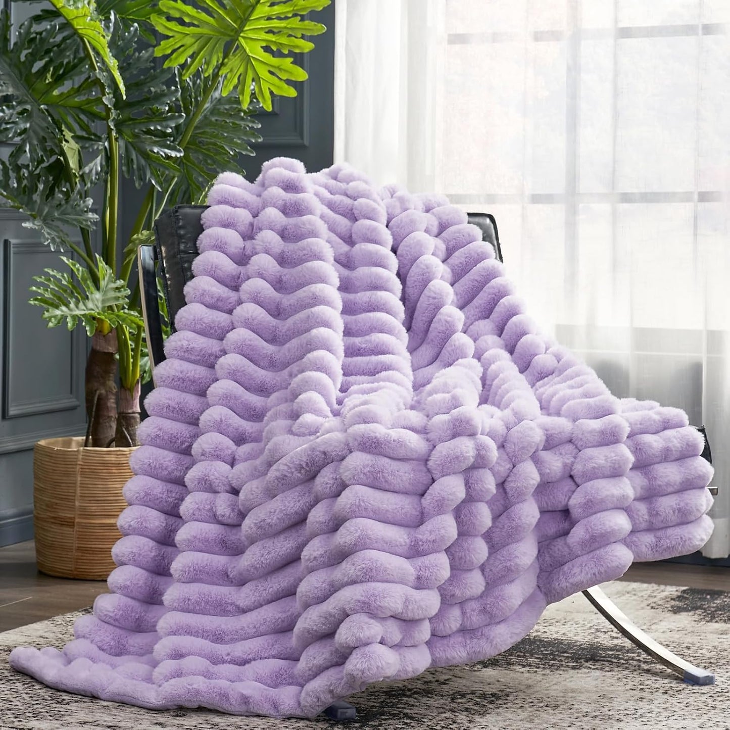Cozy Bliss Faux Fur Throw Blanket for Couch, Cozy Warm Plush Striped Blanket for Sofa Bedroom Living Room,50 * 60 Inches Grey