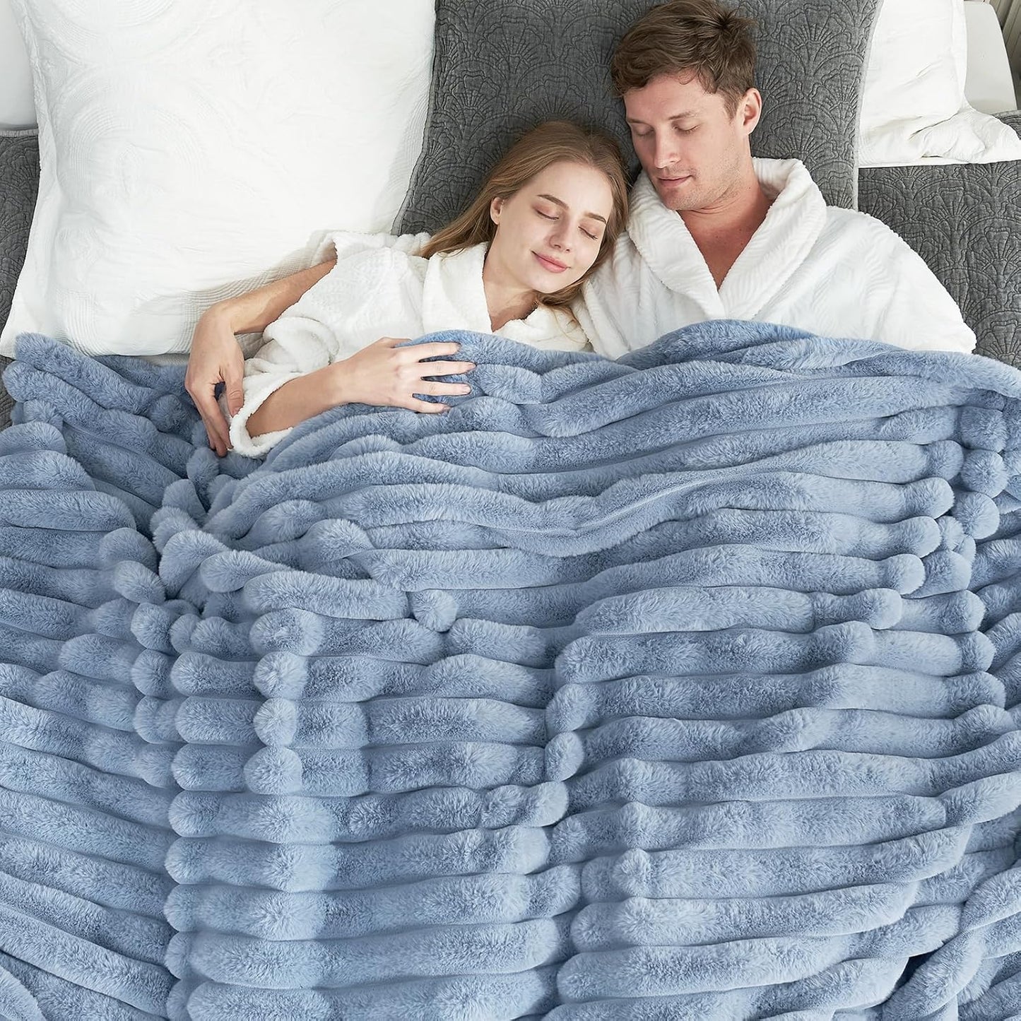 Cozy Bliss Faux Fur Throw Blanket for Couch, Cozy Warm Plush Striped Blanket for Sofa Bedroom Living Room,50 * 60 Inches Grey