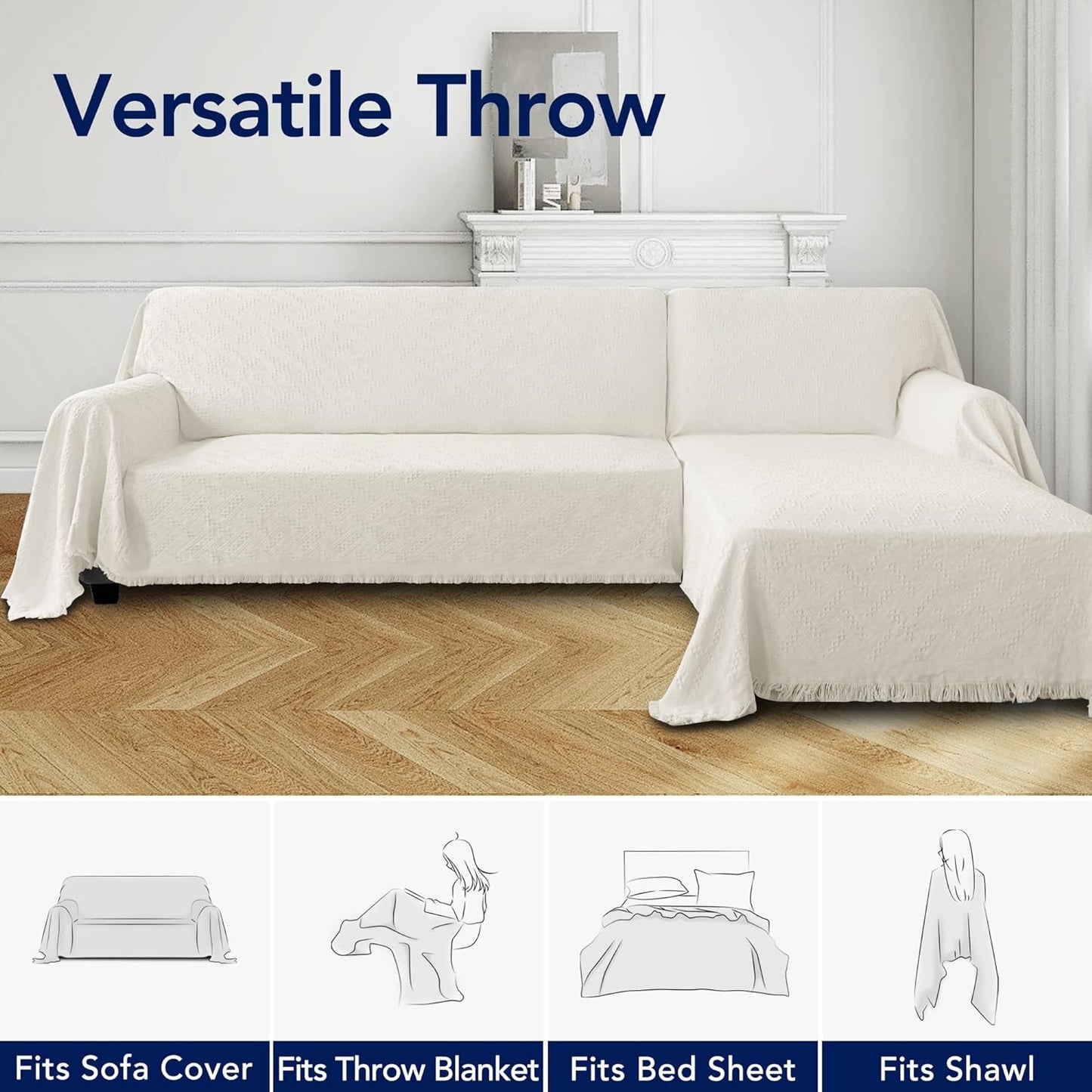 PureFit Geometric Jacquard Throw Sofa Cover - Textured Soft Washable Decorative Couch Covers for 3 Cushion with Tassels Furniture Protector for Pets, Kids (X-Large, Ivory)