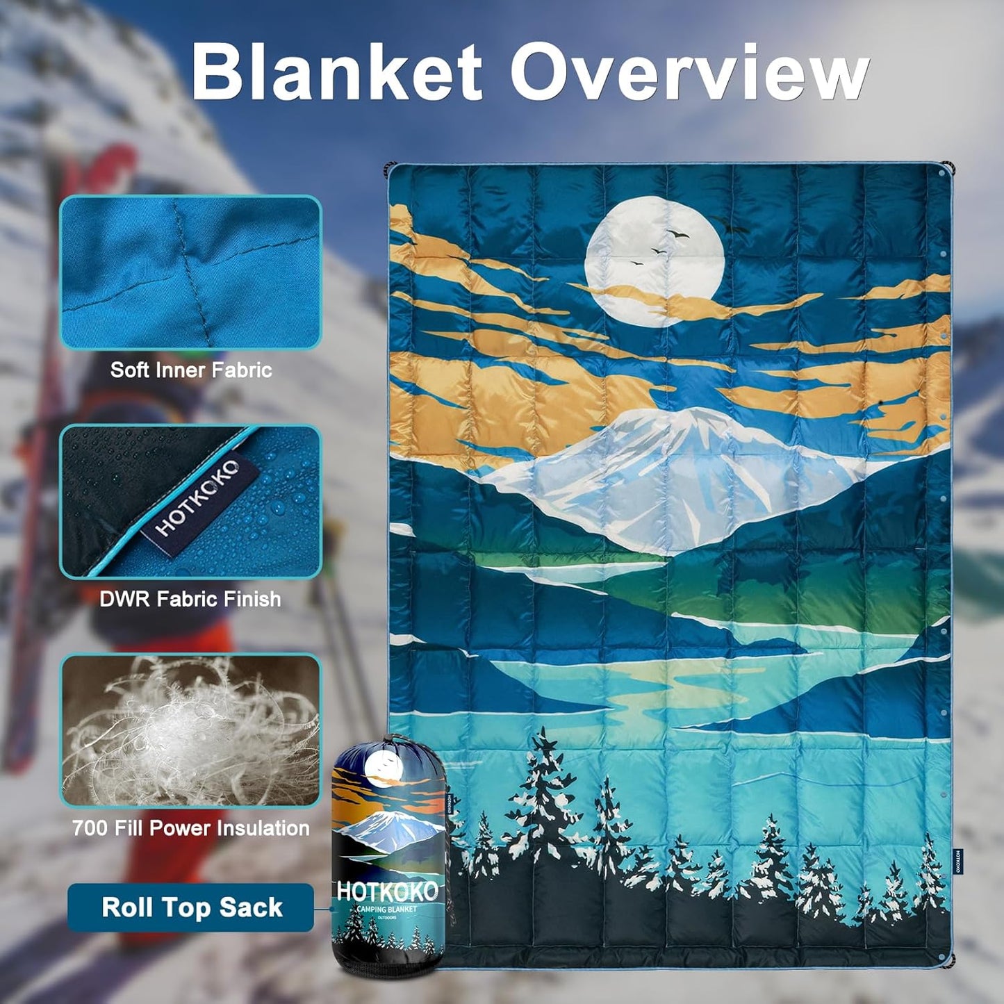 Down Camping Blanket,Warm Puffy Lightweight Camp Blanket Outdoor Travel Quilt for Sleep,Stadium, Hiking & Festivals | Water Resistant, Packable & Compact