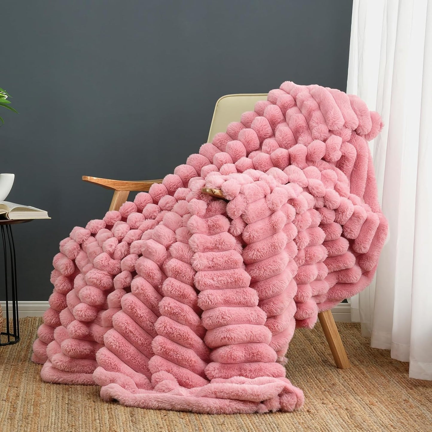 Cozy Bliss Faux Fur Throw Blanket for Couch, Cozy Warm Plush Striped Blanket for Sofa Bedroom Living Room,50 * 60 Inches Grey