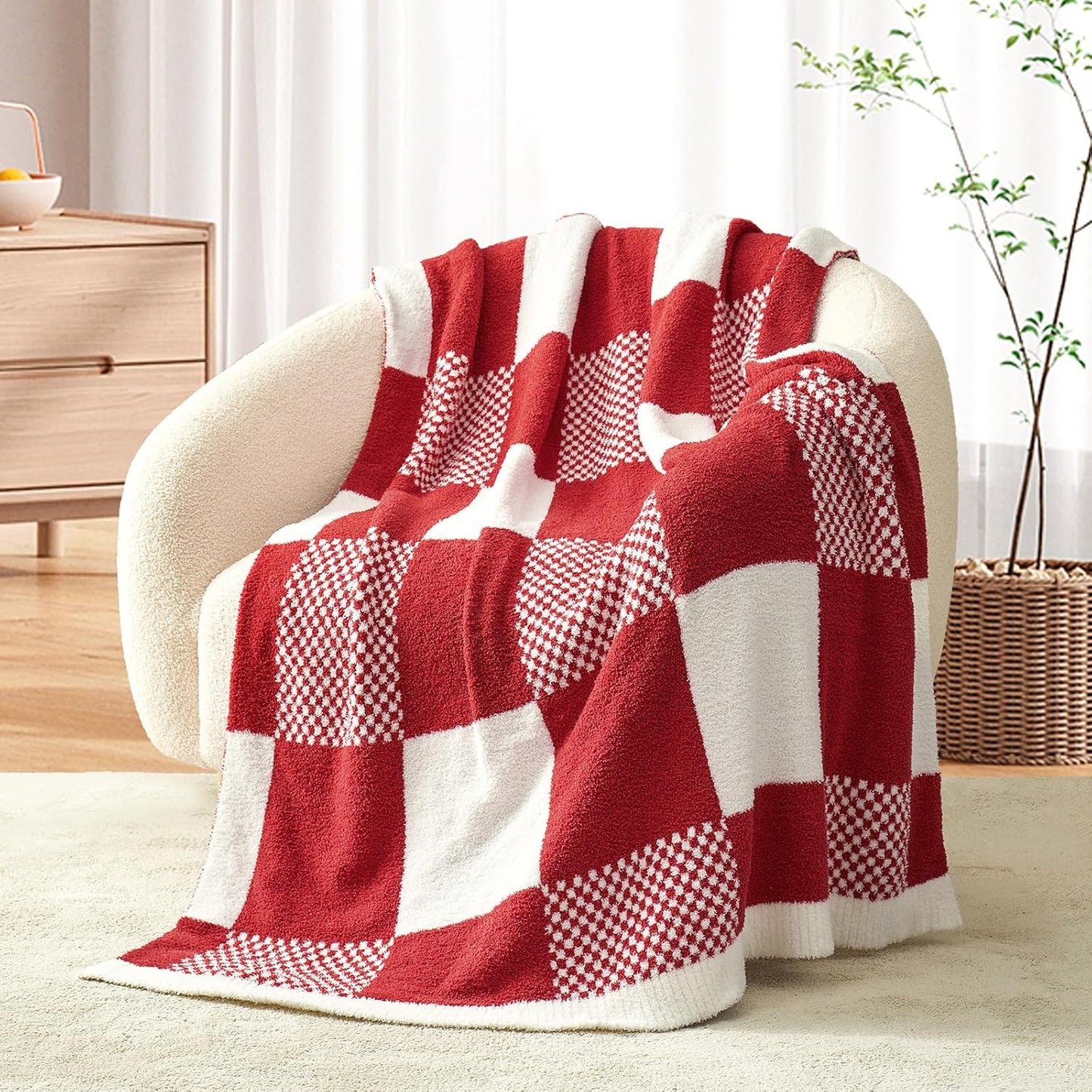 Snuggle Sac Checkered Blanket, Sage Green Throw Blanket for Couch Plaid Microfiber Fluffy Warm Cozy Fuzzy Soft Throw Blanket Reversible Checker Blankets for Sofa, Chair, Bed, 50x60 inches