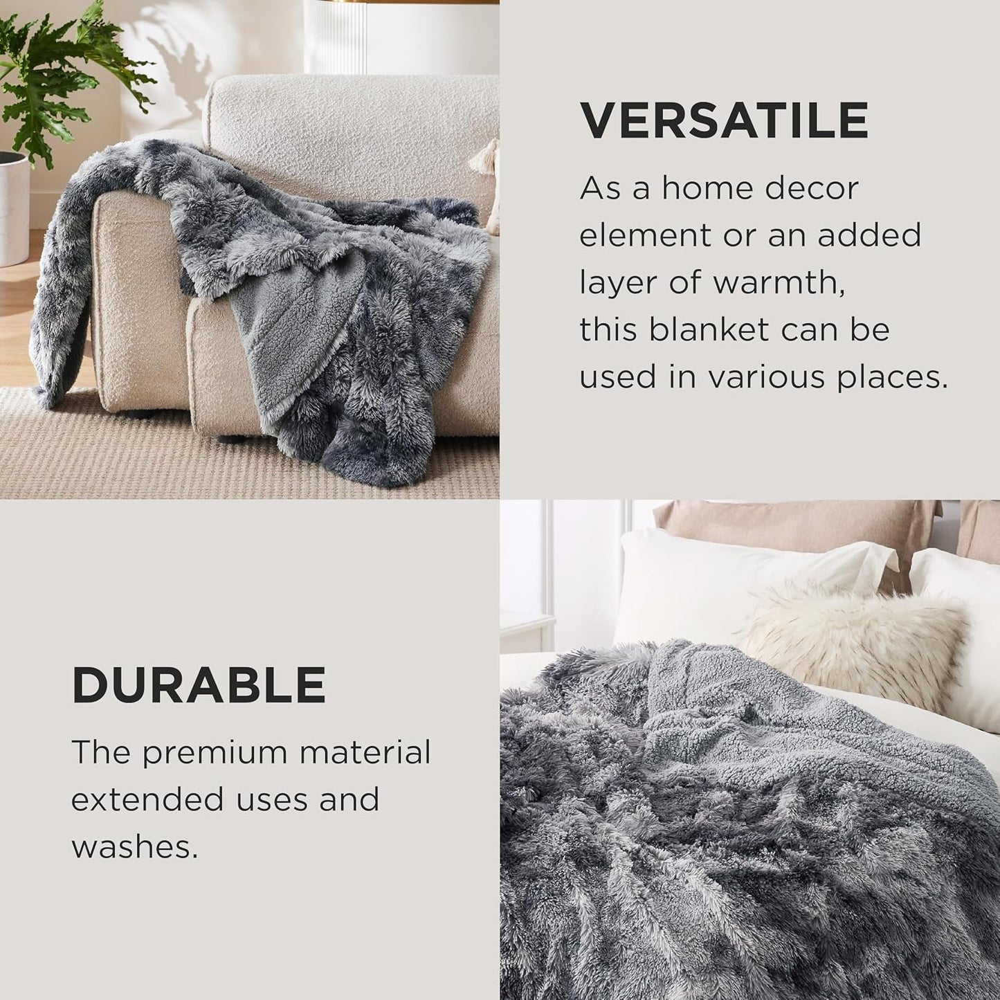 Bedsure Fluffy Fuzzy Throw Blanket Gifts for Women, Soft Cozy Plush Faux Fur Throw Blanket for Couch Bed, Minky Thick Warm Sherpa Fleece Fall Grey Room Decor Men Gifts Teenage Girls Teen Boys Mom Dad