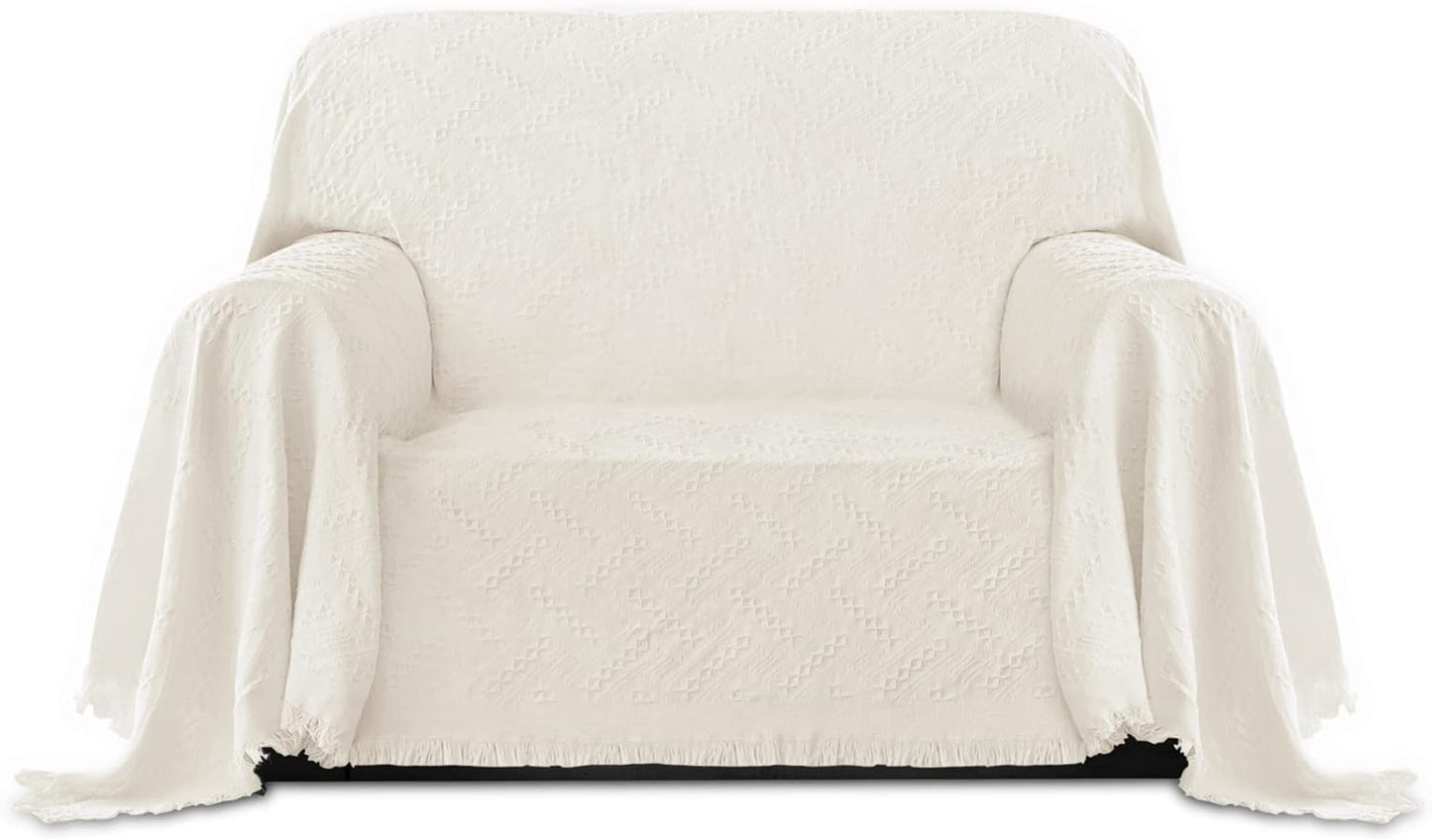 PureFit Geometric Jacquard Throw Sofa Cover - Textured Soft Washable Decorative Couch Covers for 3 Cushion with Tassels Furniture Protector for Pets, Kids (X-Large, Ivory)