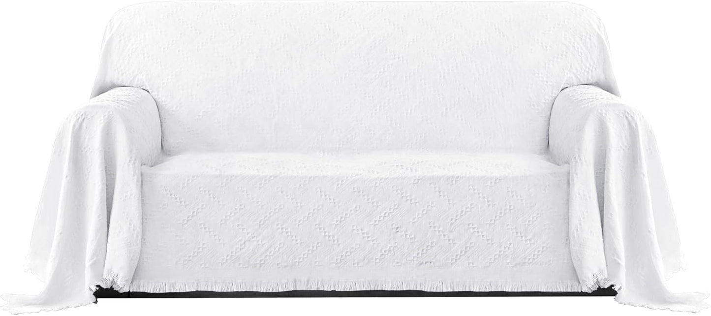 PureFit Geometric Jacquard Throw Sofa Cover - Textured Soft Washable Decorative Couch Covers for 3 Cushion with Tassels Furniture Protector for Pets, Kids (X-Large, Ivory)