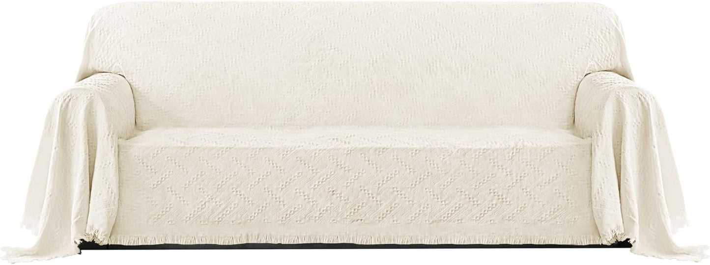 PureFit Geometric Jacquard Throw Sofa Cover - Textured Soft Washable Decorative Couch Covers for 3 Cushion with Tassels Furniture Protector for Pets, Kids (X-Large, Ivory)