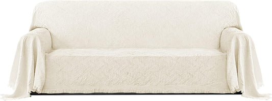 PureFit Geometric Jacquard Throw Sofa Cover - Textured Soft Washable Decorative Couch Covers for 3 Cushion with Tassels Furniture Protector for Pets, Kids (X-Large, Ivory)