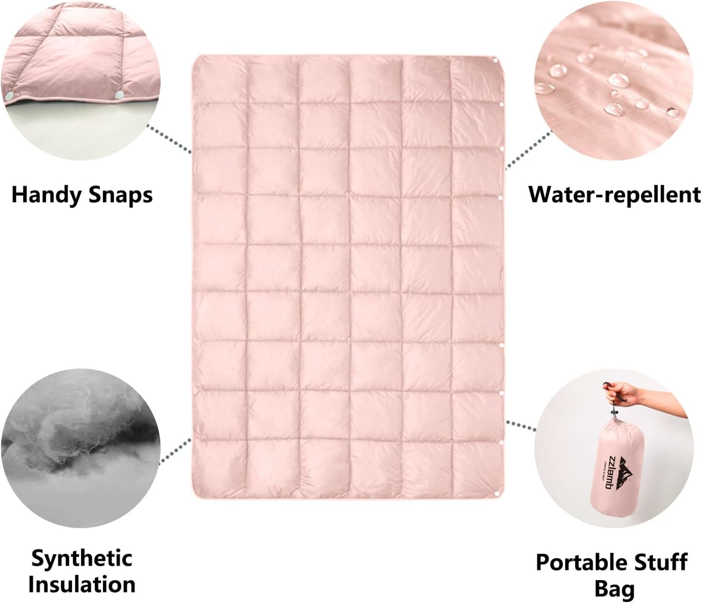 zzlamb Camping Blanket, Compact Lightweight Soft Puffy Blanket Water-Repellent, Packable Warm Quilt Down Alternative Picnic Hiking Backpacking Beach Travel RV Airplane Couch Car