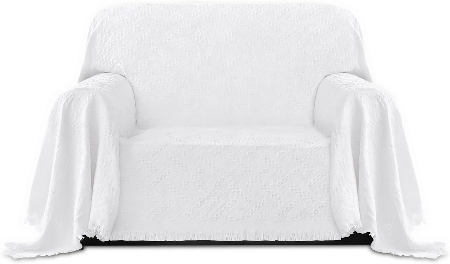 PureFit Geometric Jacquard Throw Sofa Cover - Textured Soft Washable Decorative Couch Covers for 3 Cushion with Tassels Furniture Protector for Pets, Kids (X-Large, Ivory)