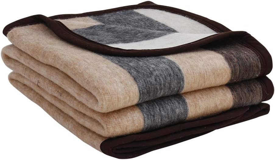 Alpaca Warehouse 100% Natural Alpaca and Sheep Wool Blanket King Size Thick Heavyweight Comfortably Warm - Great for Outdoor Use - Striped Design 103" x 90" (Beige/Brown/Gray, King)