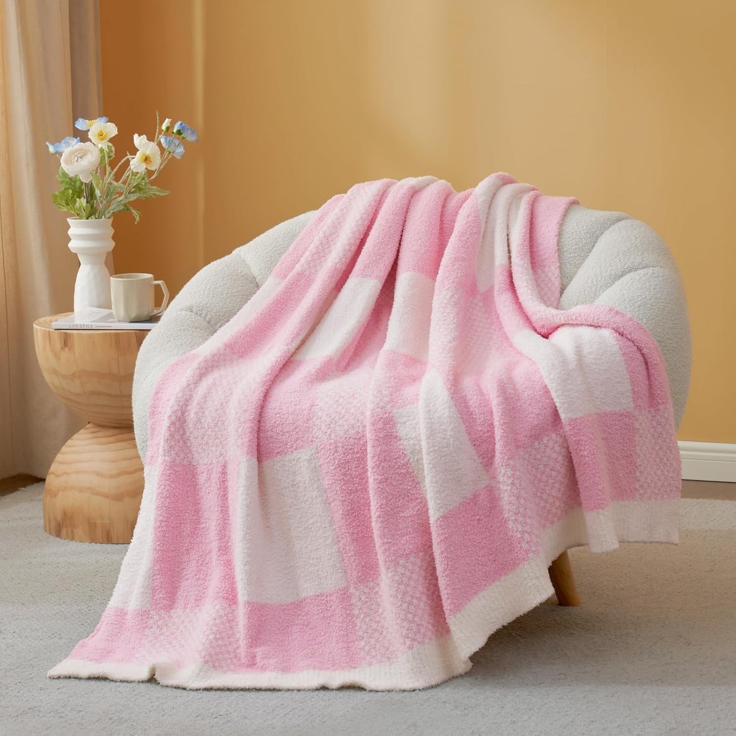 Snuggle Sac Checkered Blanket, Sage Green Throw Blanket for Couch Plaid Microfiber Fluffy Warm Cozy Fuzzy Soft Throw Blanket Reversible Checker Blankets for Sofa, Chair, Bed, 50x60 inches