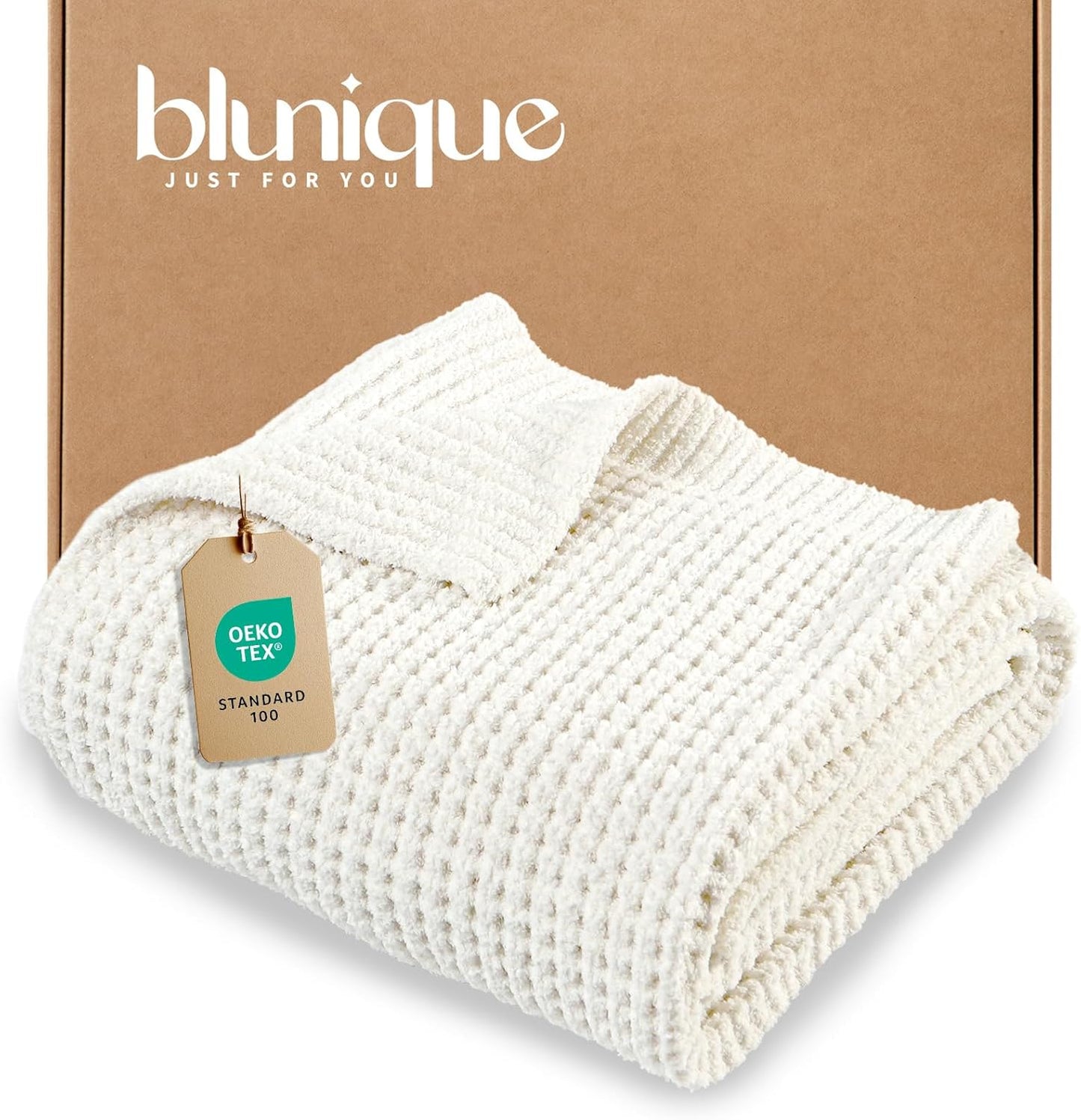 Waffle Knit Throw Blanket, Luxury Cozy Chunky Knit Throw Blanket for Couch, 50 x 60 Inch Thick Ultra-Soft Feather Yarn Knitted Blanket for Sofa, Bed, Home Decor - Off White