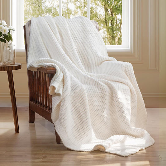 Waffle Knit Throw Blanket, Luxury Cozy Chunky Knit Throw Blanket for Couch, 50 x 60 Inch Thick Ultra-Soft Feather Yarn Knitted Blanket for Sofa, Bed, Home Decor - Off White