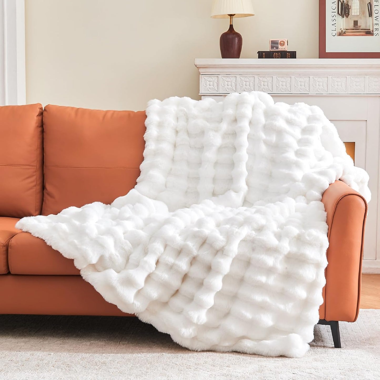 BEDELITE Faux Fur Throw Blanket for Couch, Decorative Tie-Dye Khaki Plush Bubble Blanket - Super Soft & Cozy Fluffy Faux Rabbit Fur Blanket for Women Gift, 50x60 Inches