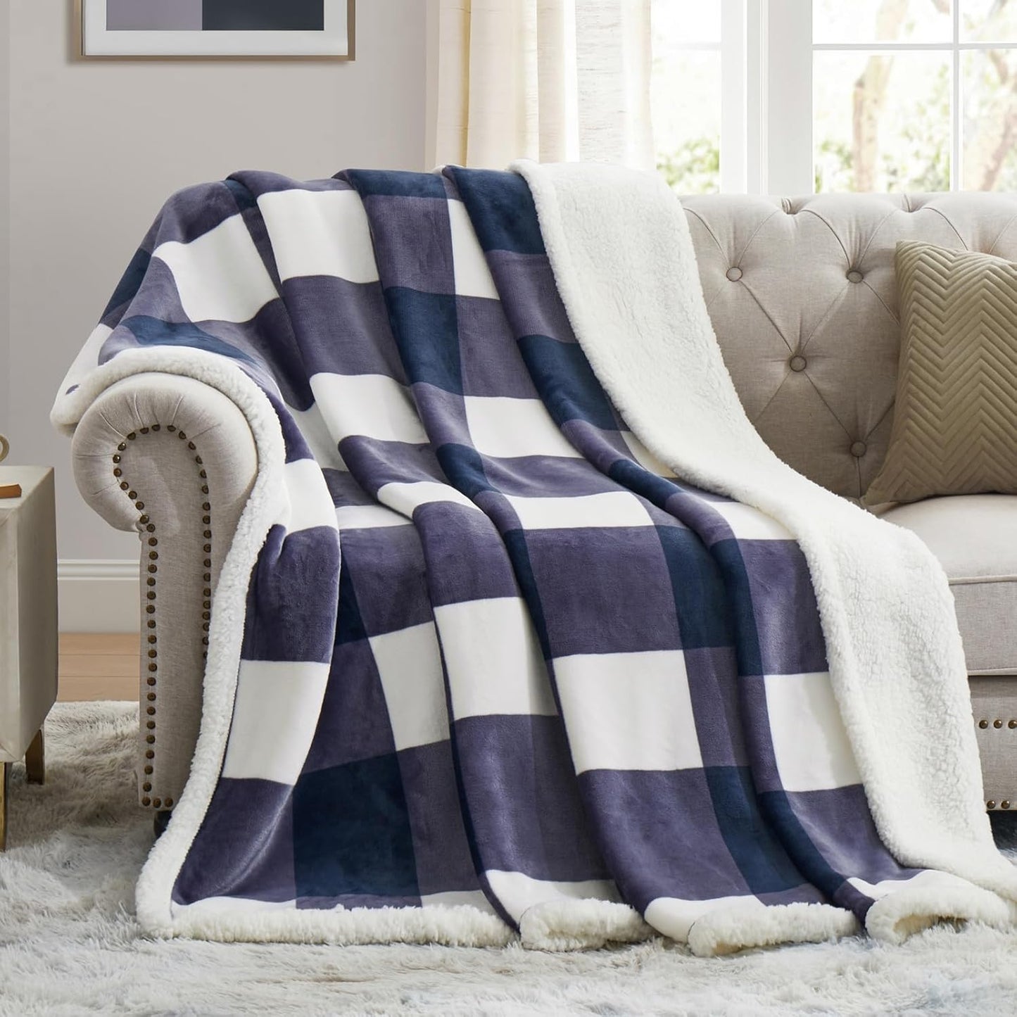 PU MEI Sherpa Fleece Throw Blanket 60" x 80" Reversible Plush Fluffy Large Big Blanket Lattice Flannel Blankets for Sofa Couch Bed (Grey-Soft Blue, 60"*80")