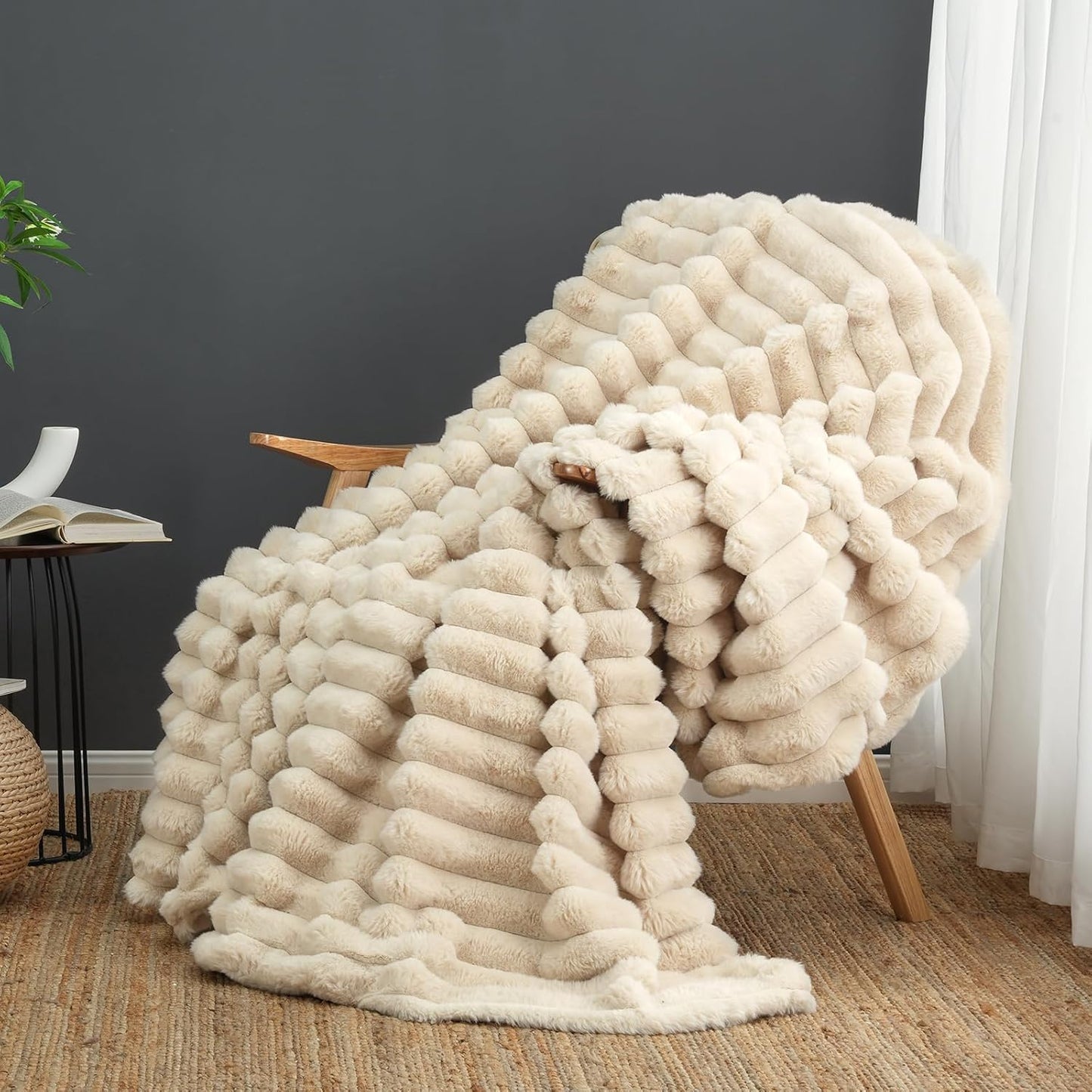 Cozy Bliss Faux Fur Throw Blanket for Couch, Cozy Warm Plush Striped Blanket for Sofa Bedroom Living Room,50 * 60 Inches Grey