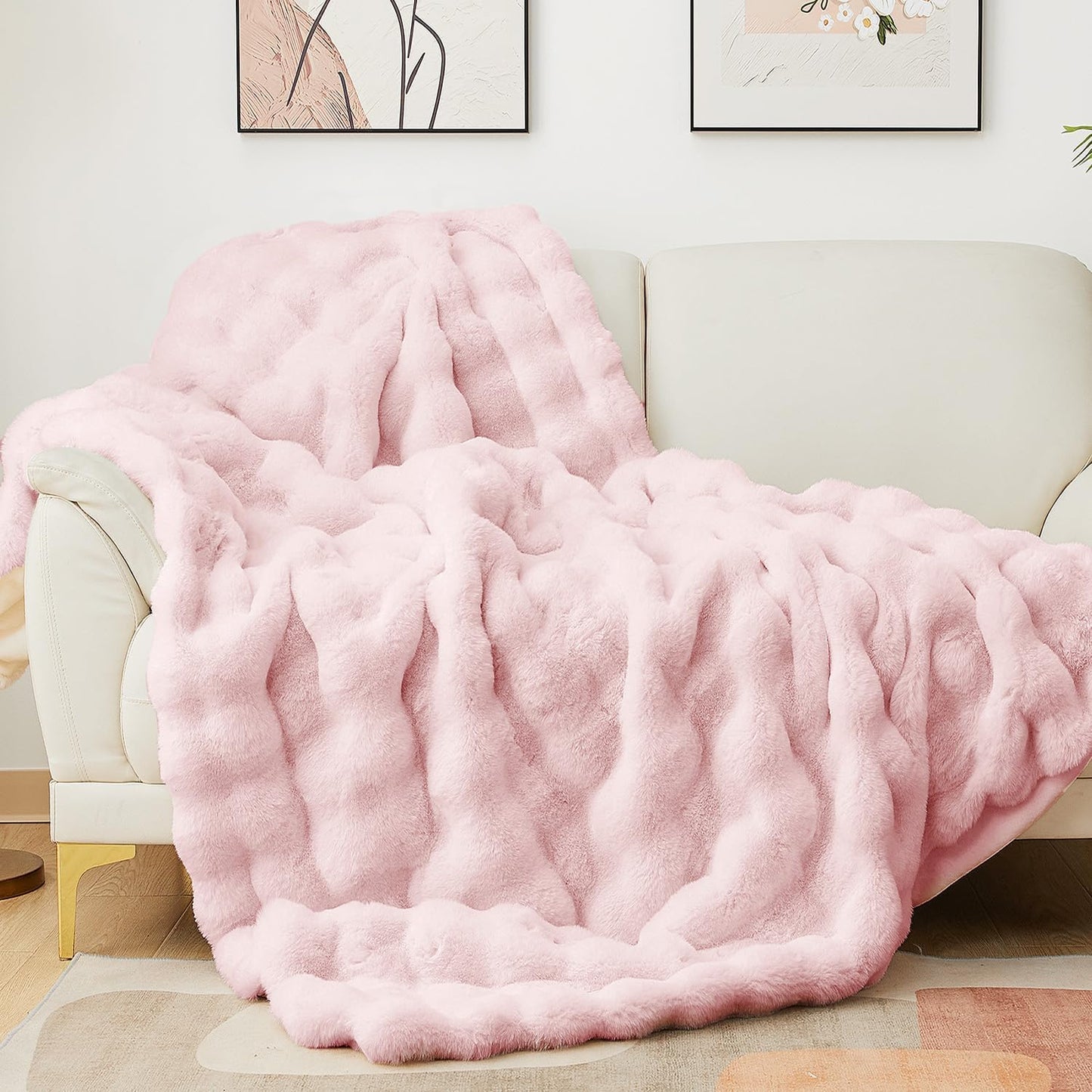 Latepis White Faux Fur Throw Blanket Cozy Bubble Blankets Soft Fuzzy Thick Living Room Blanket for Couch Sofa Bedroom Plush Warm Fluffy Blanket for All Seasons Luxury Throw 50x60 Inch, 860gsm