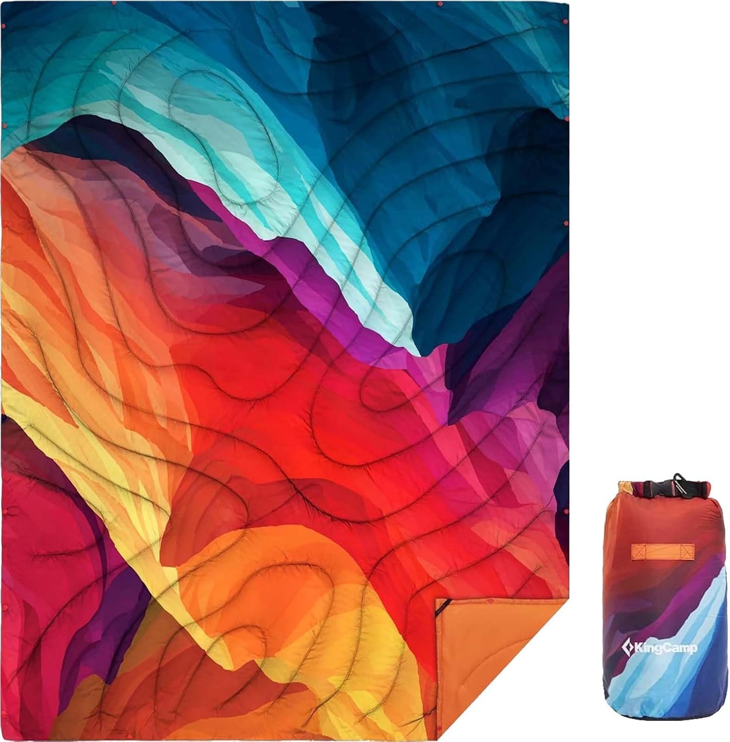 KingCamp Ultralight Camping Blanket, Packable Down Alternative Puffy Printed Wearable Blanket with Snap Buttons & Corner Loops Weatherproof Quilt for Outdoor Travel Stadium (79"L x 57”W, CYAN)