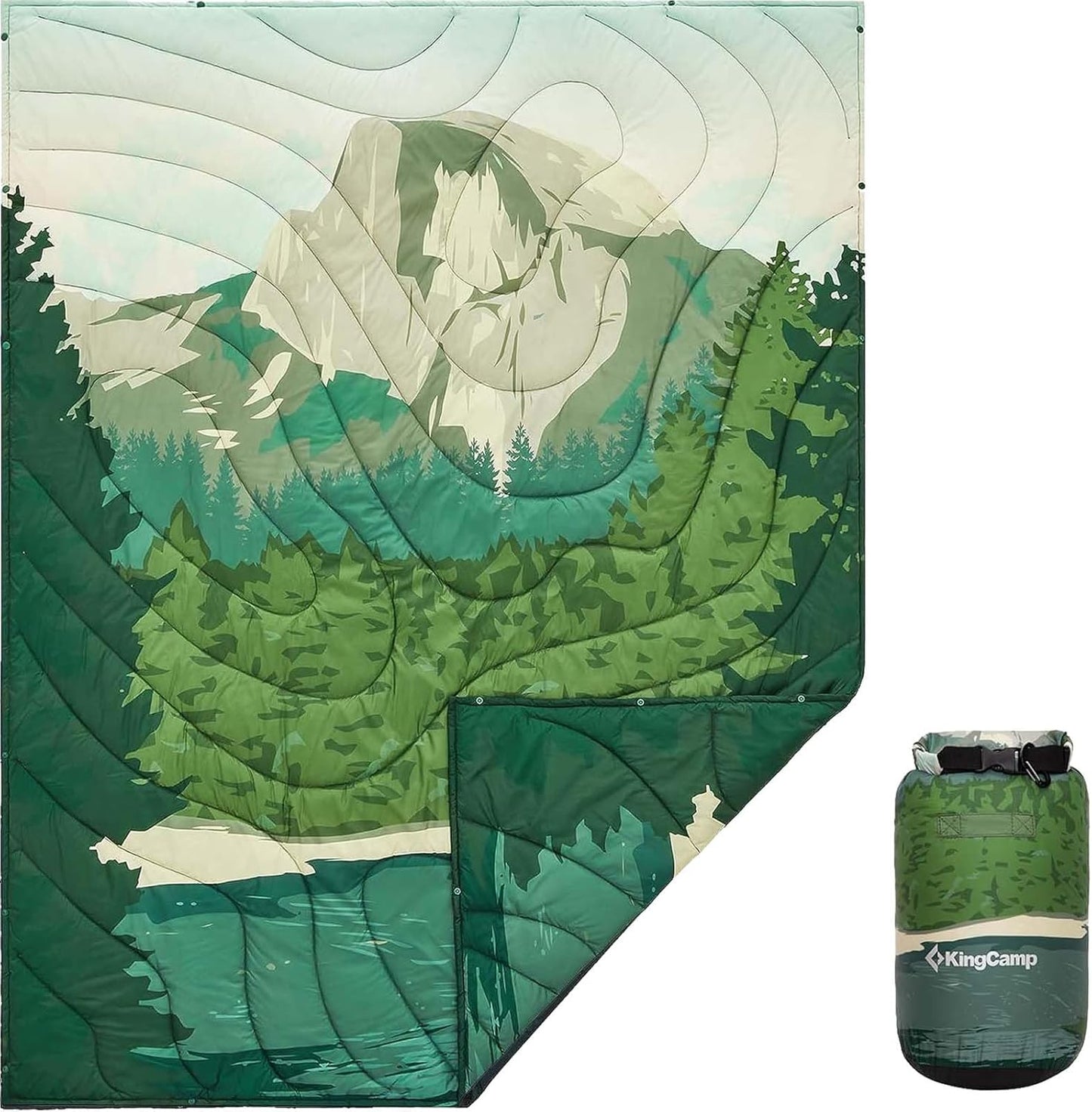 KingCamp Ultralight Camping Blanket, Packable Down Alternative Puffy Printed Wearable Blanket with Snap Buttons & Corner Loops Weatherproof Quilt for Outdoor Travel Stadium (79"L x 57”W, CYAN)