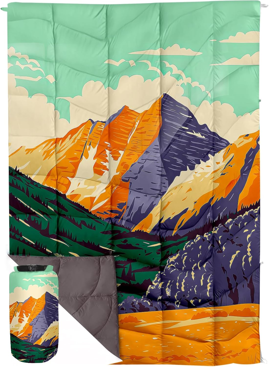 Outdoor Puffy Camping Blanket, Lightweight Down Alternative Puffy Printed Camping Large Ultra Warm Hammock Top Quilt Waterproof Blanket for Traveling Picnic Beach Party Cold Weather (Green Mountain)