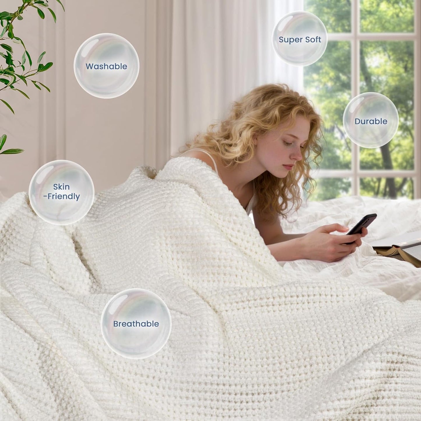 Waffle Knit Throw Blanket, Luxury Cozy Chunky Knit Throw Blanket for Couch, 50 x 60 Inch Thick Ultra-Soft Feather Yarn Knitted Blanket for Sofa, Bed, Home Decor - Off White