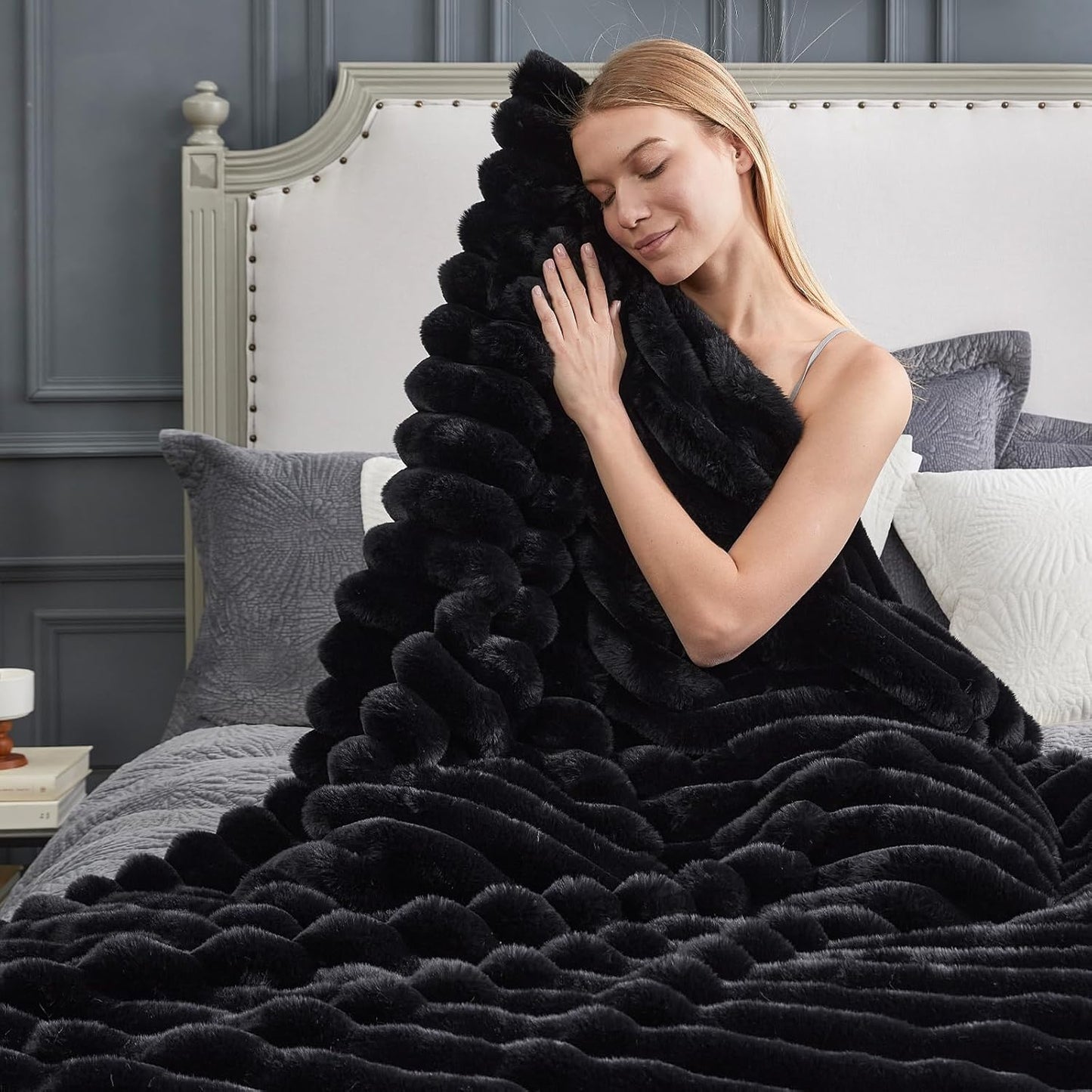 Cozy Bliss Faux Fur Throw Blanket for Couch, Cozy Warm Plush Striped Blanket for Sofa Bedroom Living Room,50 * 60 Inches Grey