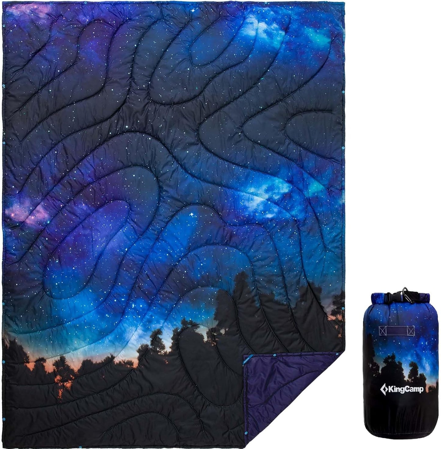 KingCamp Ultralight Camping Blanket, Packable Down Alternative Puffy Printed Wearable Blanket with Snap Buttons & Corner Loops Weatherproof Quilt for Outdoor Travel Stadium (79"L x 57”W, CYAN)
