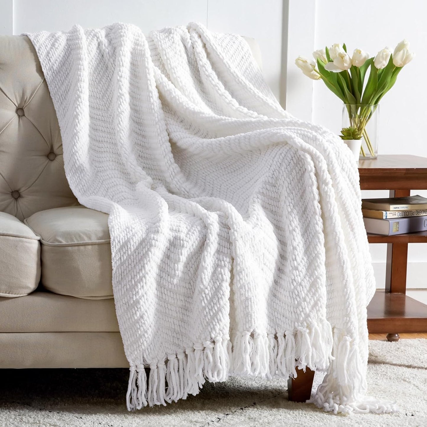 Bedsure Cream Throw Blankets for Couch - Textured Chunky Knit Woven Chenille Blanket - Super Soft, Warm Decorative Boho Throw with Tassels for Bed, Sofa and Living Room Decor, Ivory, 50x60 Inches