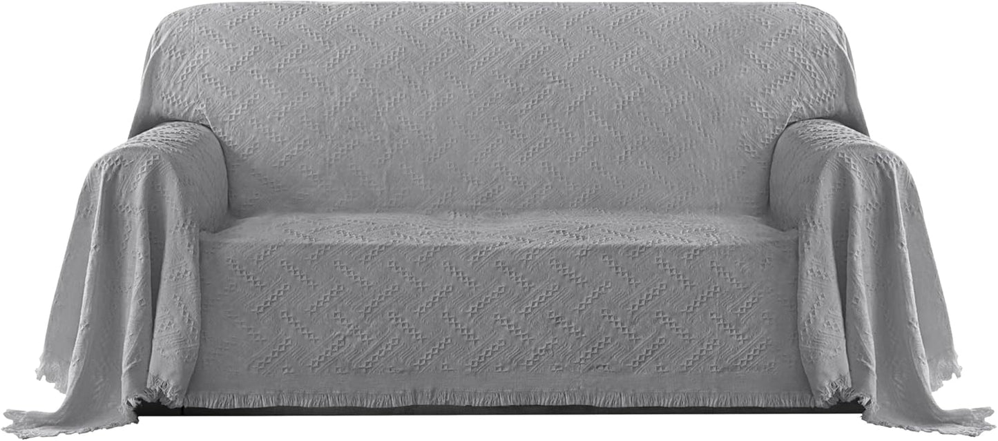 PureFit Geometric Jacquard Throw Sofa Cover - Textured Soft Washable Decorative Couch Covers for 3 Cushion with Tassels Furniture Protector for Pets, Kids (X-Large, Ivory)